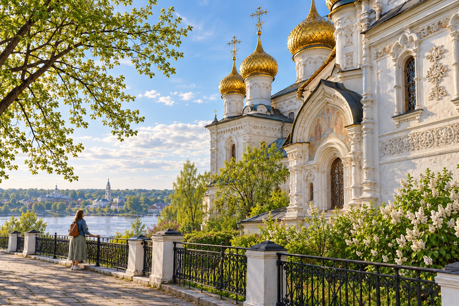 Посетитель рассматривает церковный фасад с общедоступной дорожки