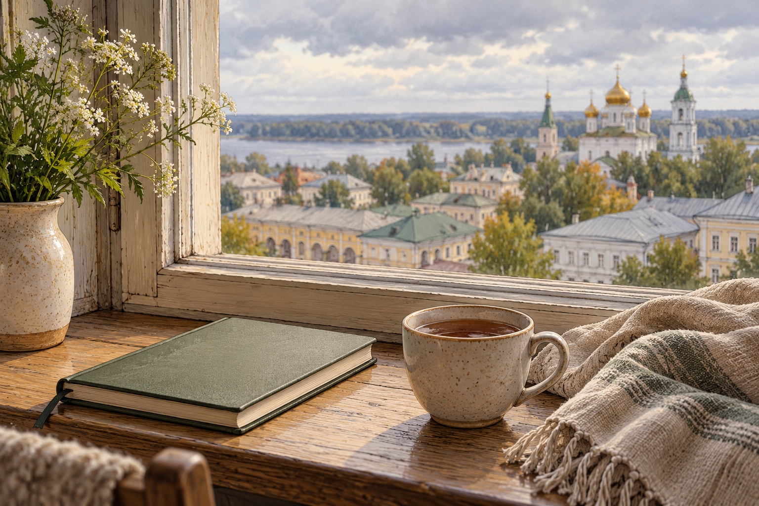 Записная книжка, чашка и льняной шарф у окна с видом на старый город